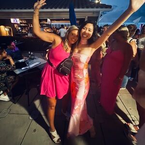 Pink and Orange Strapless Dress with scarf